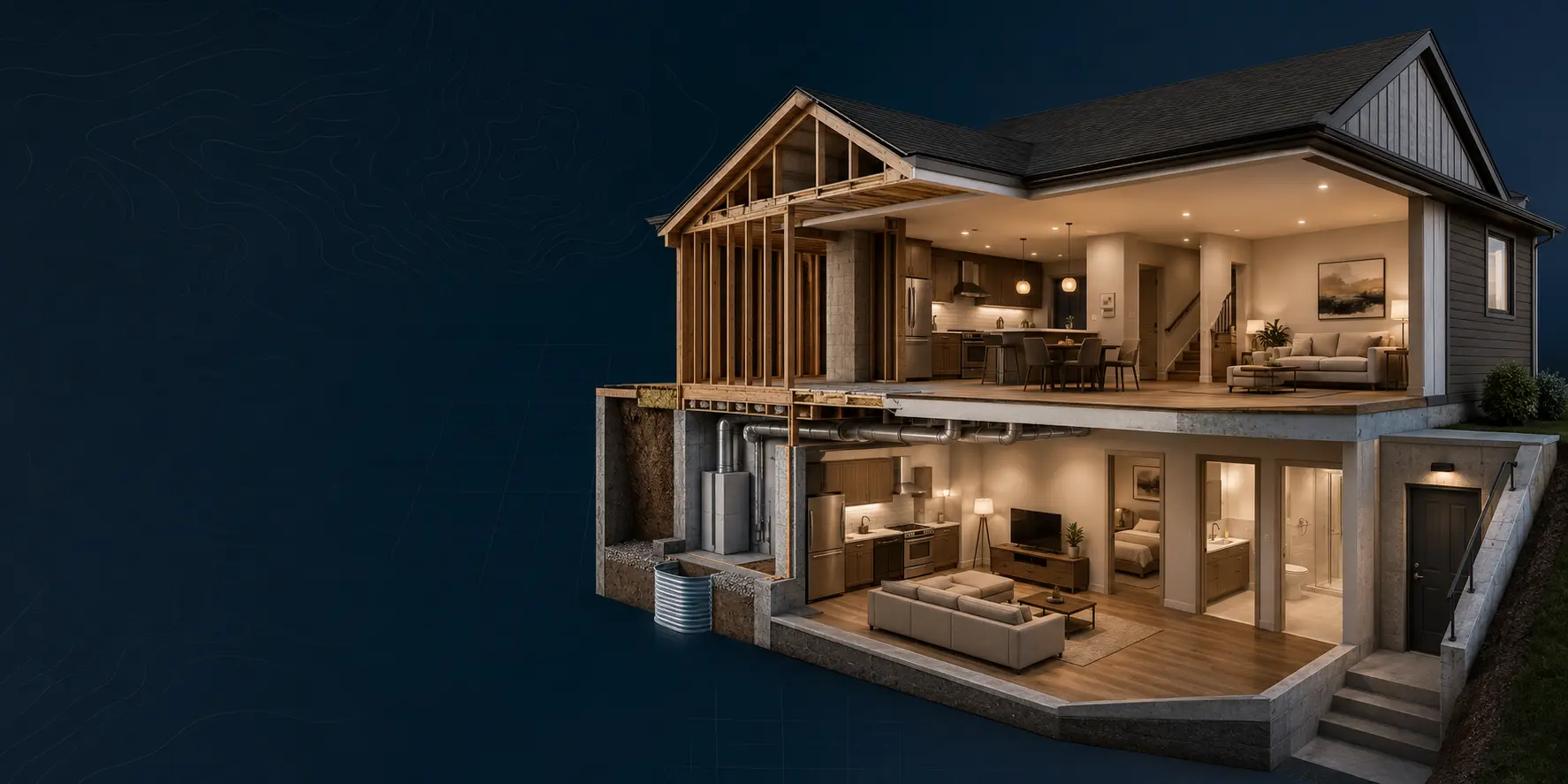 3D architectural cutaway showing a completed basement apartment beneath a house